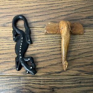 Hand Carved‎ Wooden Elephant Wall Hook 6" & Gecko Lizard Wall Decor 8" Rustic